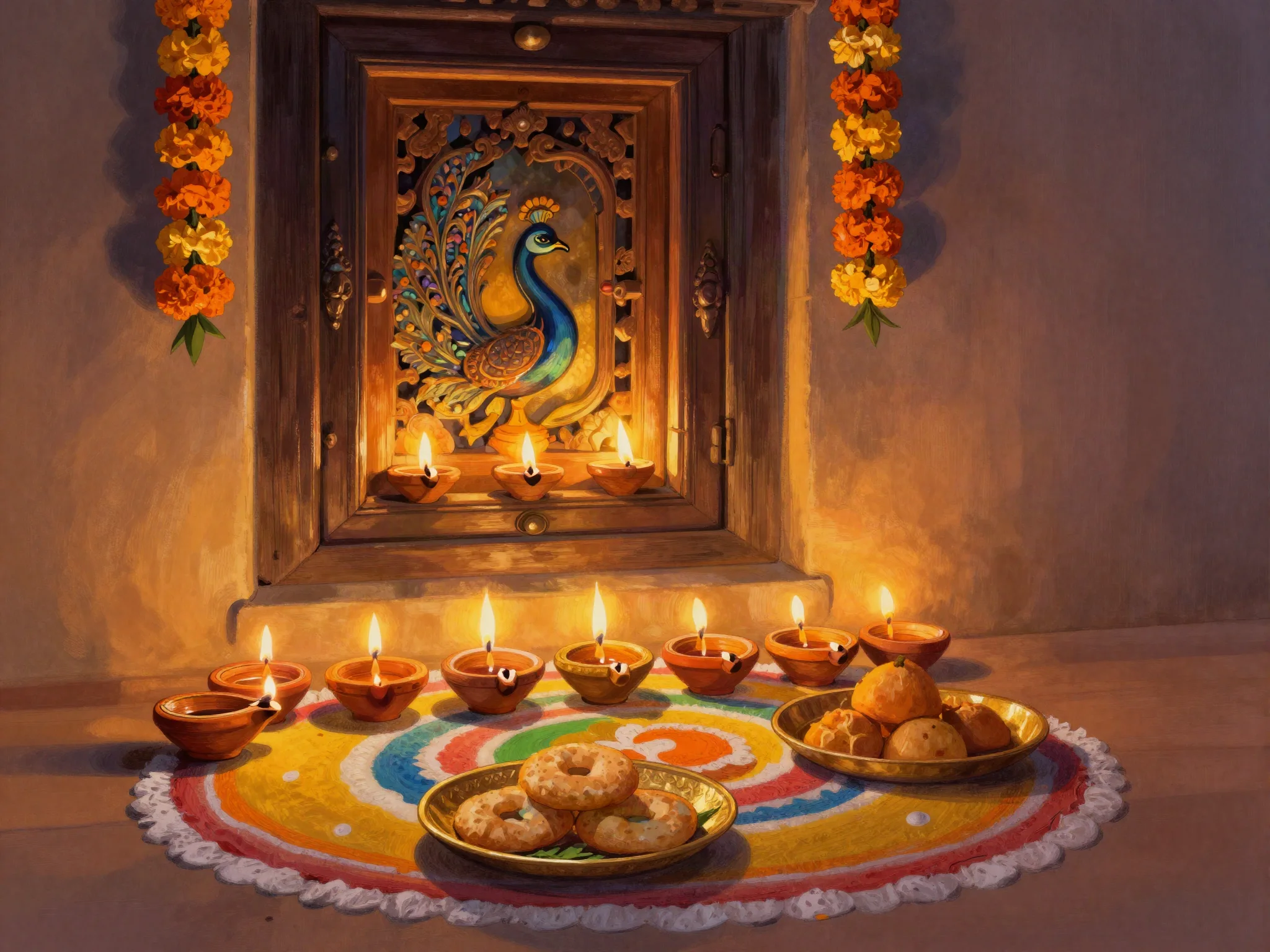 Tihar: diyo lamps and a rangoli beneath a carved peacock window, sel roti on a brass plate