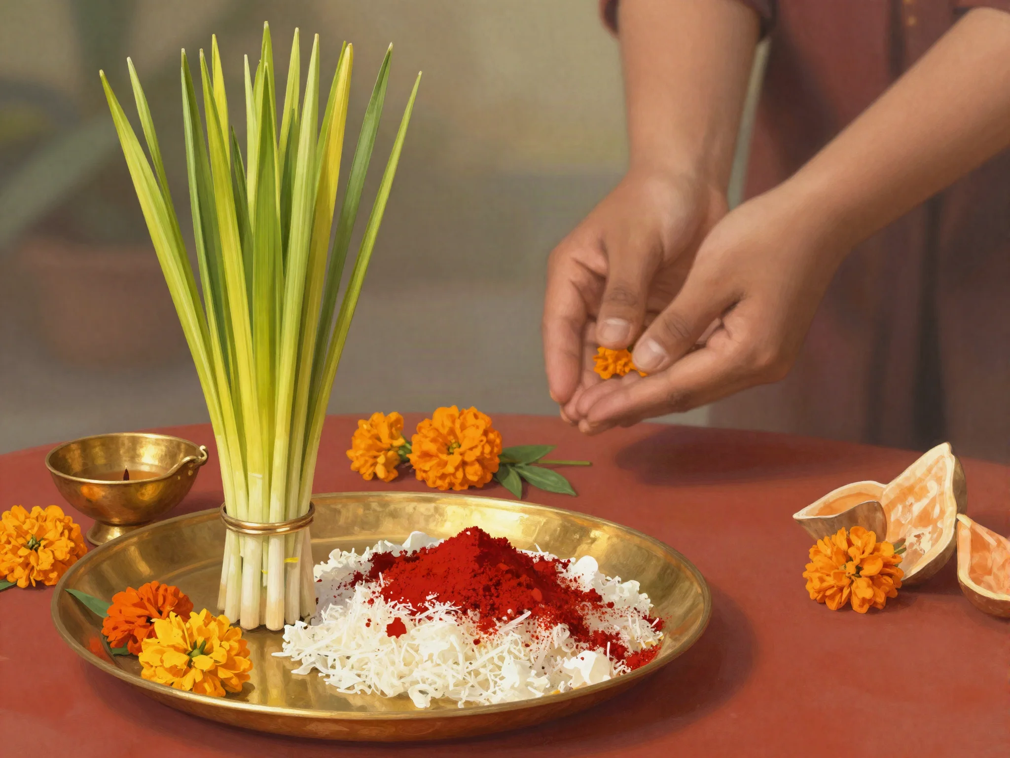 Dashain tika: red tika rice and a bundle of jamara on a brass plate, a brass diyo and marigolds